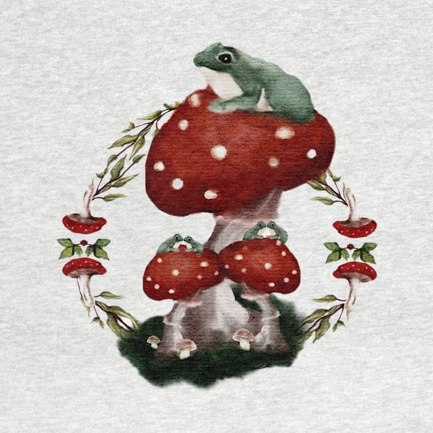 Watercolor Frog Friends on Red Button Mushrooms by penandbea